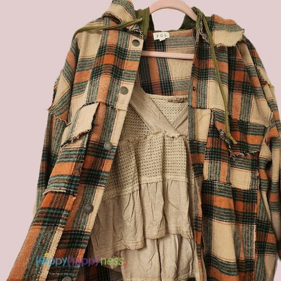 POL Shacket Jacket Oversized Plaid Hoodie Beige Orange Green - Picture 8 of 10